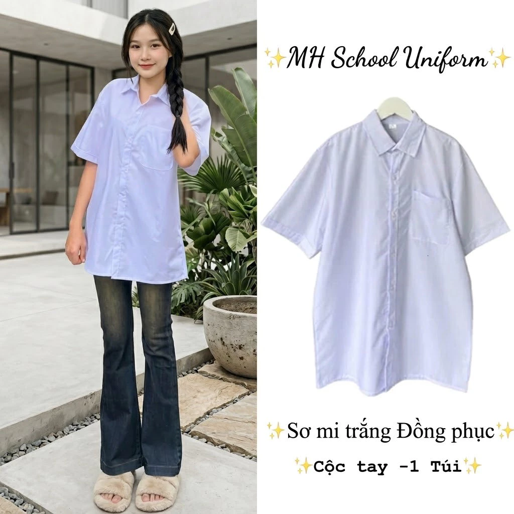 o Sơ Mi Trắng Học Sinh, Áo Đi Học Cộc Tay, Dài Tay Cho Nam Nữ độ tuổi học sinh.