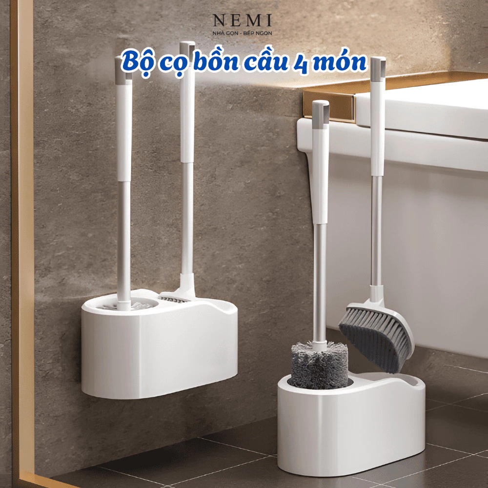 Cọ bồn cầu cọ toilet nhà vệ sinh 4 trong 1 tích hợp kẹp gắp rác đa năng kèm hộp đựng dán tường tiện lợi