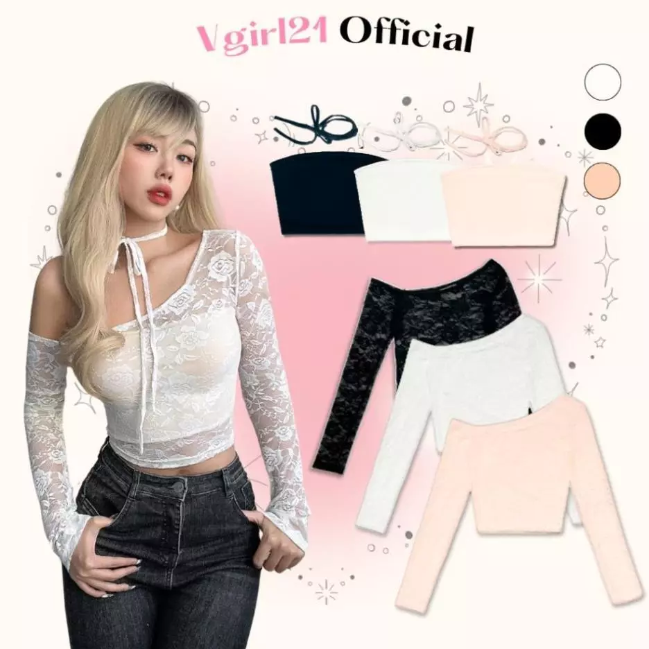Áo ren nữ VGIRL form ôm body ren thun xuyên thấu hoạ tiết hoa TẶNG kèm áo quây ngang BABY GIRRL Pink Hill
