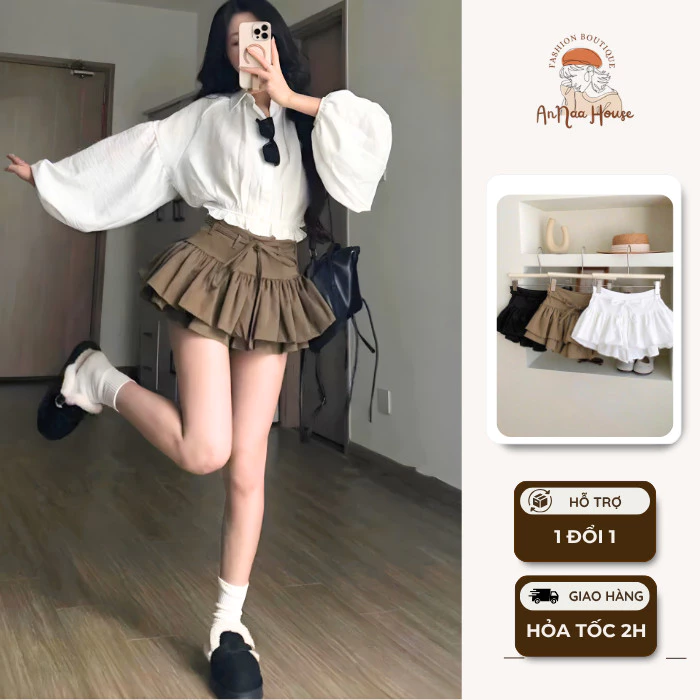Chân Váy Nữ Ngắn Hai Tầng Phong Cách Y2K Trendy Hack Dáng Form Xoè Cạp Dây Nơ