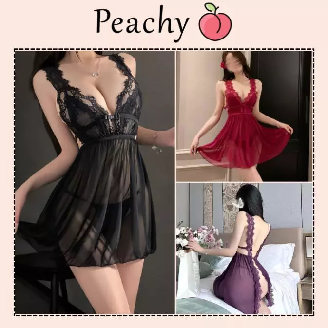 Đầm ngủ ren xuyên thấu xẻ tà sau sexy gợi cảm đầm 2 dây hở lưng kèm chip siêu xinh quyến rũ PEACHY P281