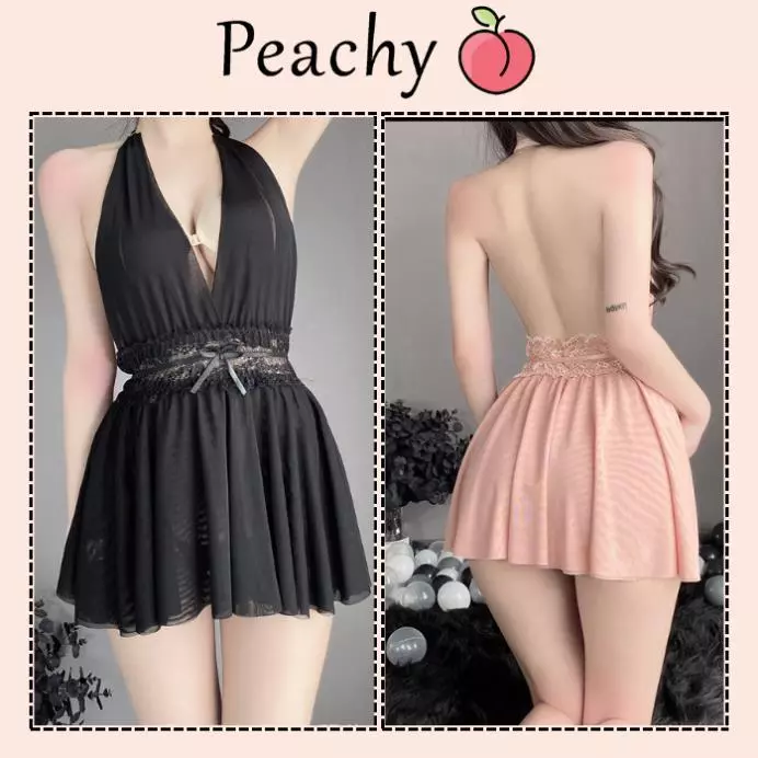 Váy ngủ sexy cổ yếm dáng xòe tiểu thư sang chảnh gợi cảm đầm mặc nhà hở lưng ren mềm mại quyến rũ PEACHY P128