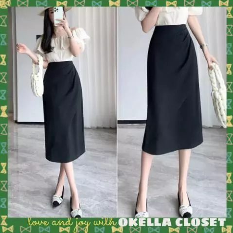 New Chân váy nữ dáng dài nhấn eo bên hông, chân váy công sở nữ dày dặn Okélla