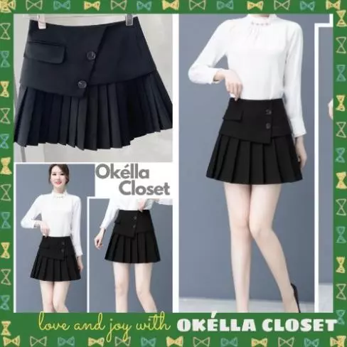 New Chân váy xếp ly vạt chéo hai nút phong cách thời trang CV019 Okella (có ảnh shop chụp)