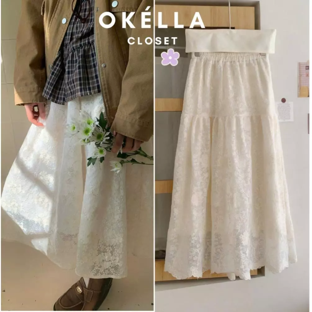 New Chân Váy Midi Be Ren Hoa Vintage, Chân Váy Dài 2 Lớp Có Lót Cạp Chun Ulzzang Okélla