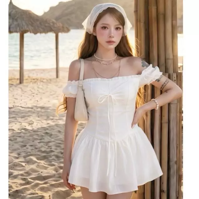 Đầm Trễ Vai Tay Bèo Đính Nơ YABUMA Váy Nữ Chiết Eo Dáng Xoè (có quần) Trắng Tiểu Thư Xinh Xắn Mùa Hè Đi Chơi