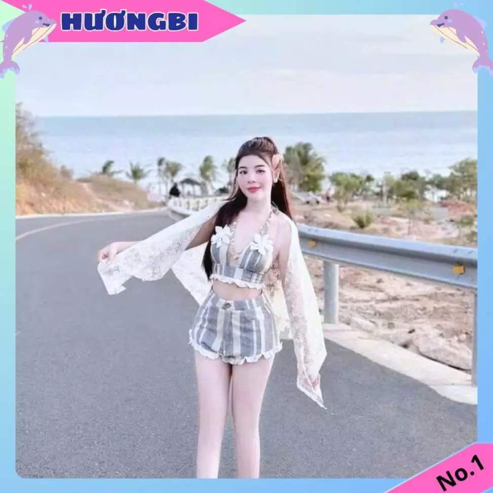 Sét đồ đi biển,bikini 3 mảnh áo bra cài bông kèm khăn KAKI SỌC New
