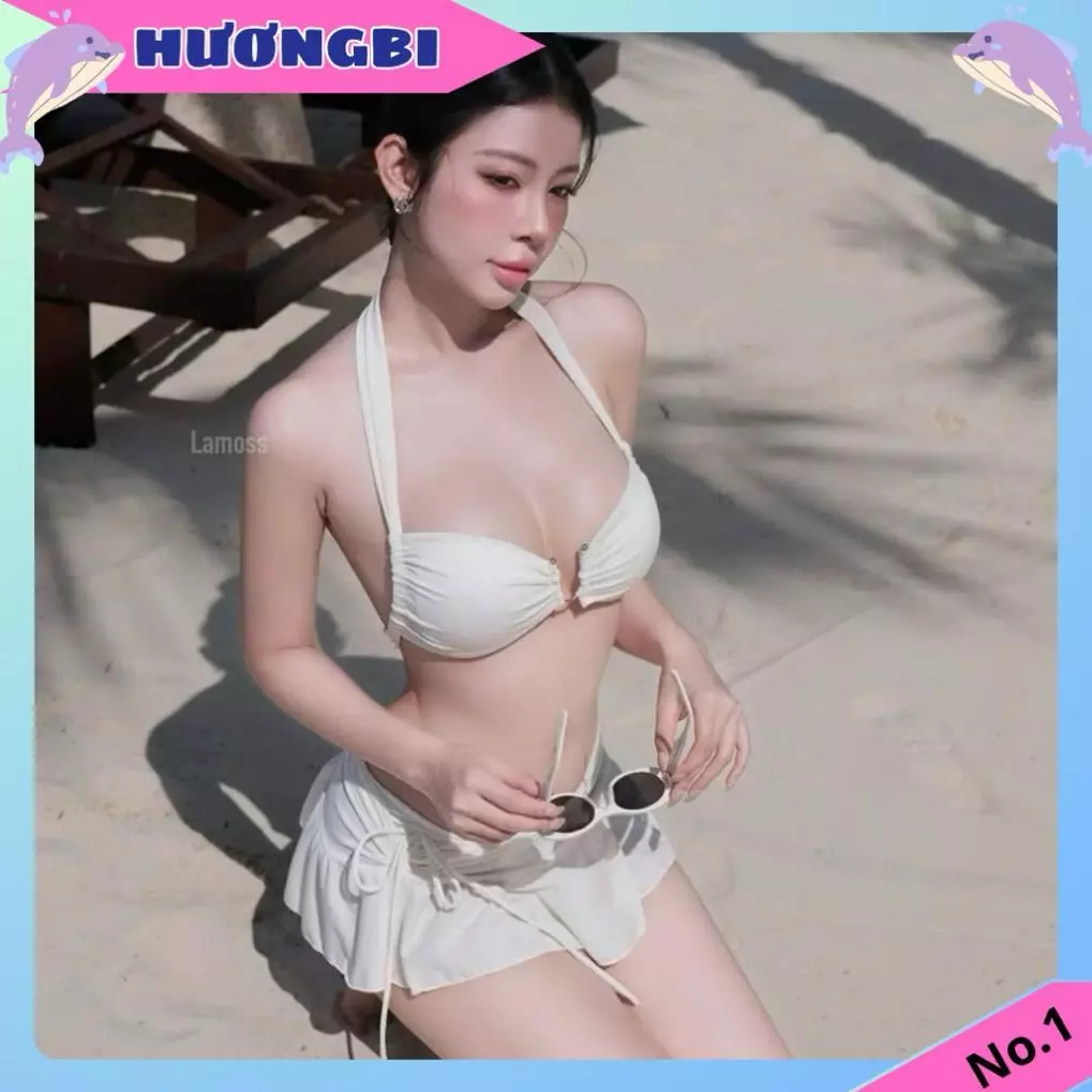 HB28- set bikini đi biển 3món khoen U phối chân váy bèo rút dây New