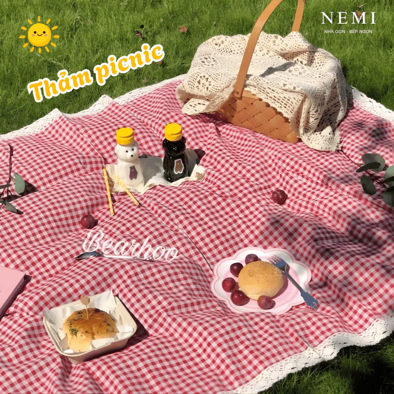 Thảm Picnic Dã Ngoại Nemi Vải Canvas Vintage – Thảm Cắm Trại, Trải Cỏ, Chụp Ảnh Viền Ren Xinh