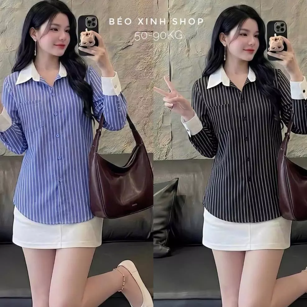 Áo Sơ Mi Kẻ Sọc Phối Cổ Trắng Cao Cấp Thanh Lịch Bigsize Cho Nàng 50- 90 Kg Dễ Thương Nữ Women Top - A.1749 Rẻ