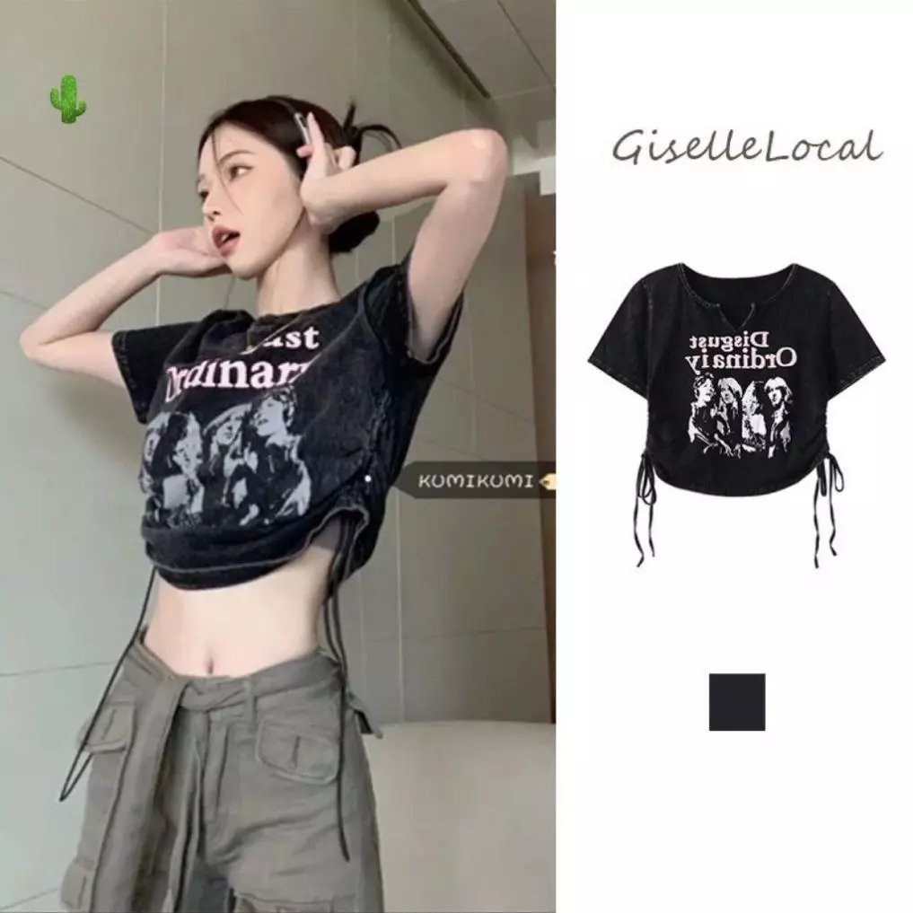 áo croptop rút dây 2 bên màu đen in chữ người YBM