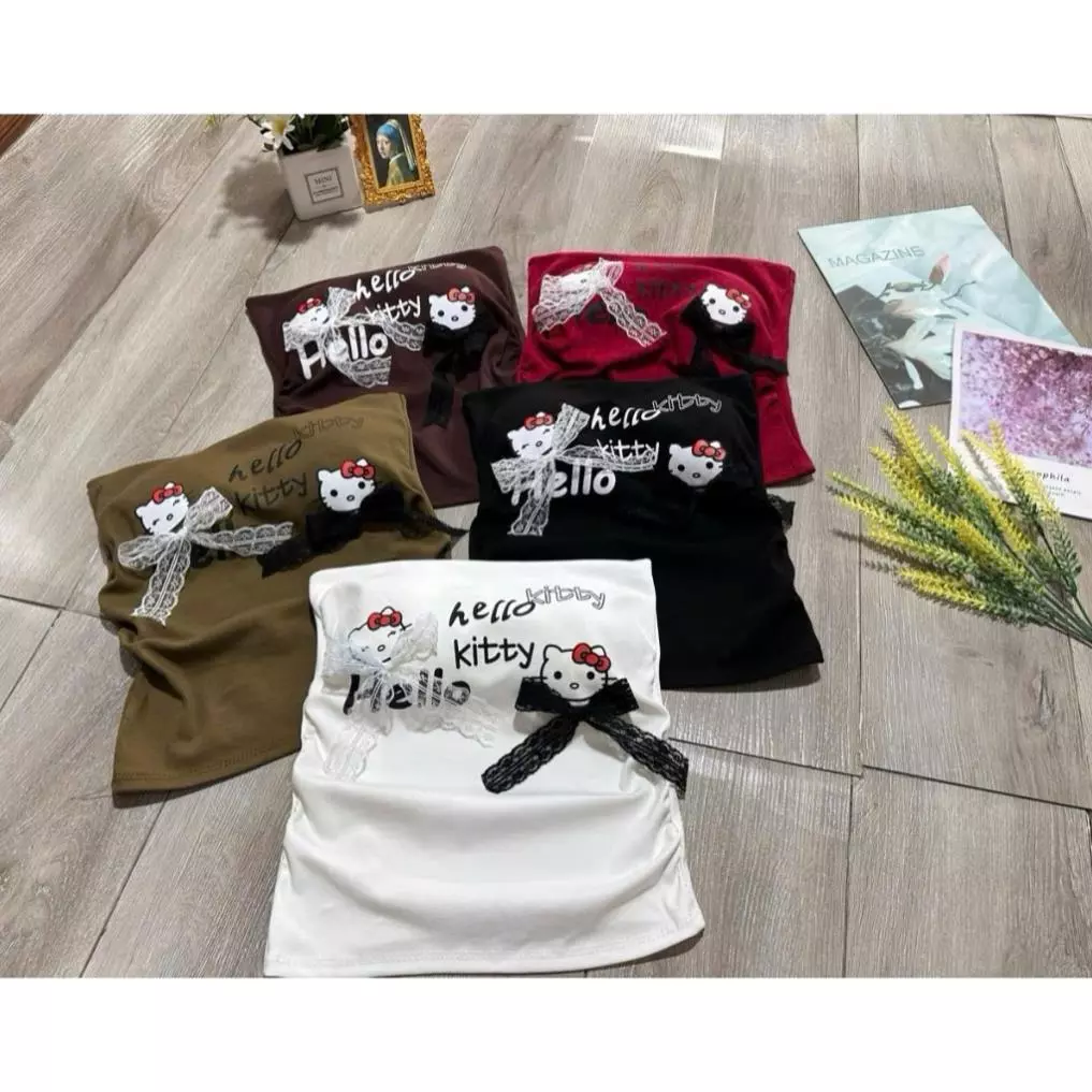 Áo ống không mút in mặt mèo hello kitty đính nơ cực xinh , chất thun bozip YBM
