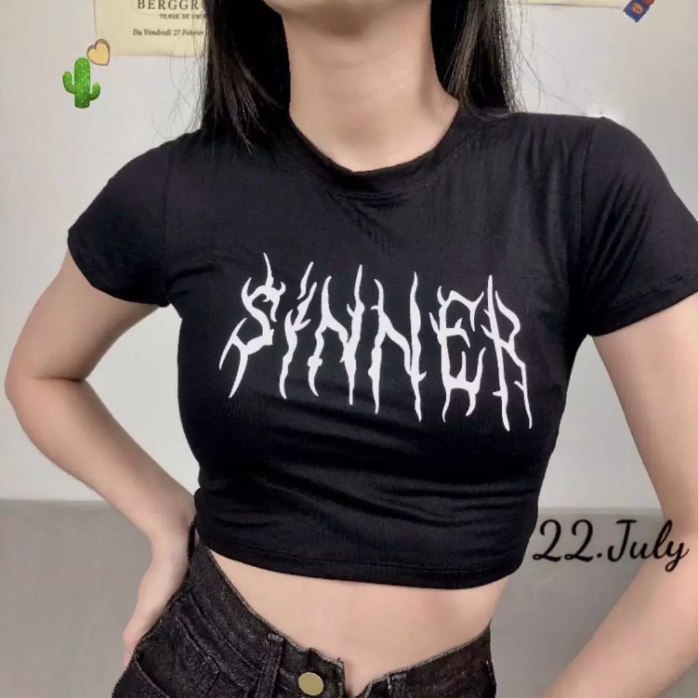 Áo kiểu croptop tay ngắn in chữ chảy cực hot , chất thun bozip mềm mịn dày dặn ( ảnh thật ) YBM