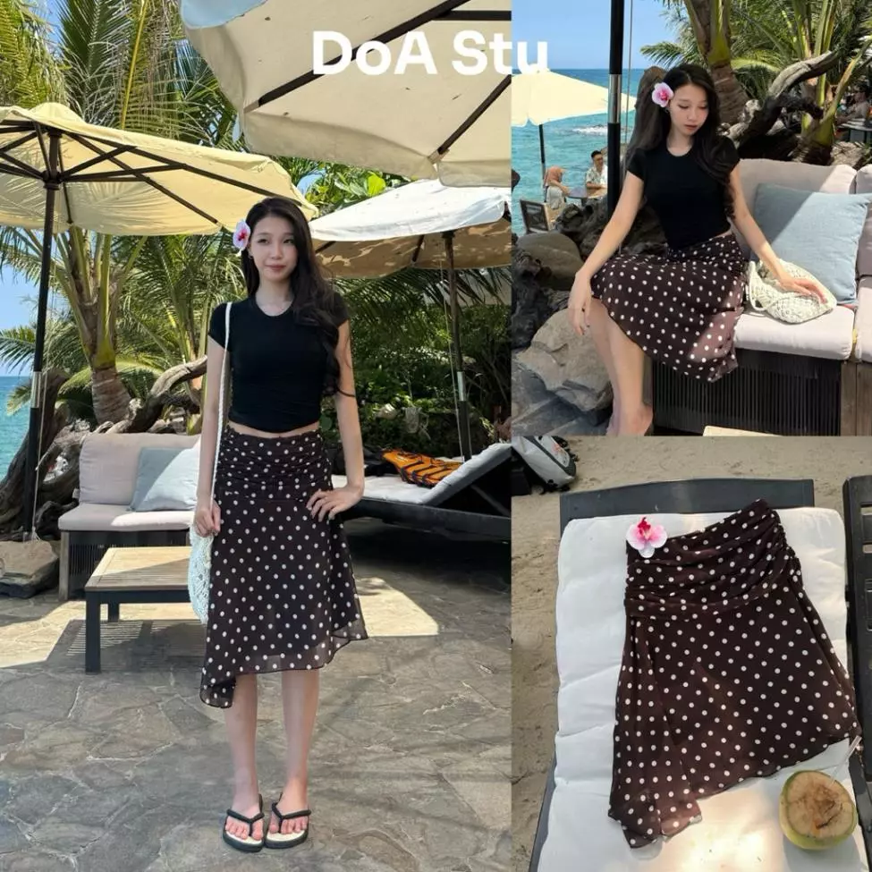 Chân váy voan lửng chéo chấm bi hai lớp nhún eo che bụng dưới DoA Stu Localbrand