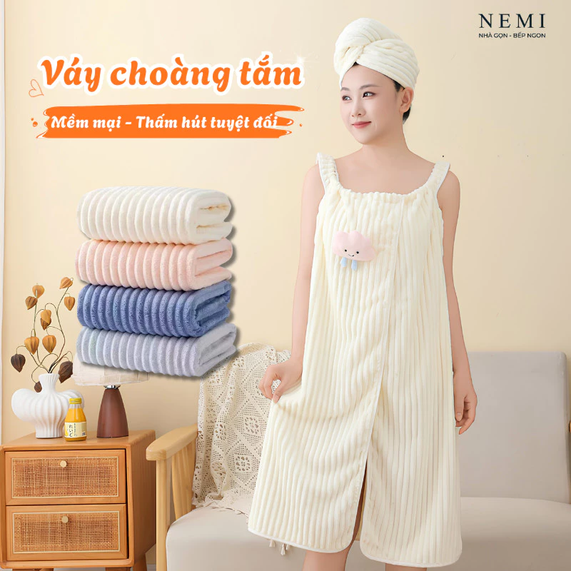 Khăn Tắm Quấn Người Dạng Váy Nemi, Áo Choàng Tắm Nữ Mềm Mịn Cho Da, Thấm Nước Nhanh