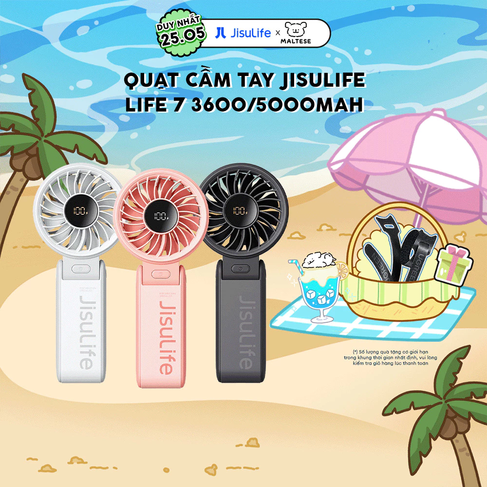 Quạt cầm tay tích điện mini Jisulife Life 7 5 cấp độ gió 3600/5000mAh - Sử dụng lên đến 12h - Chính hãng - BH 12 tháng