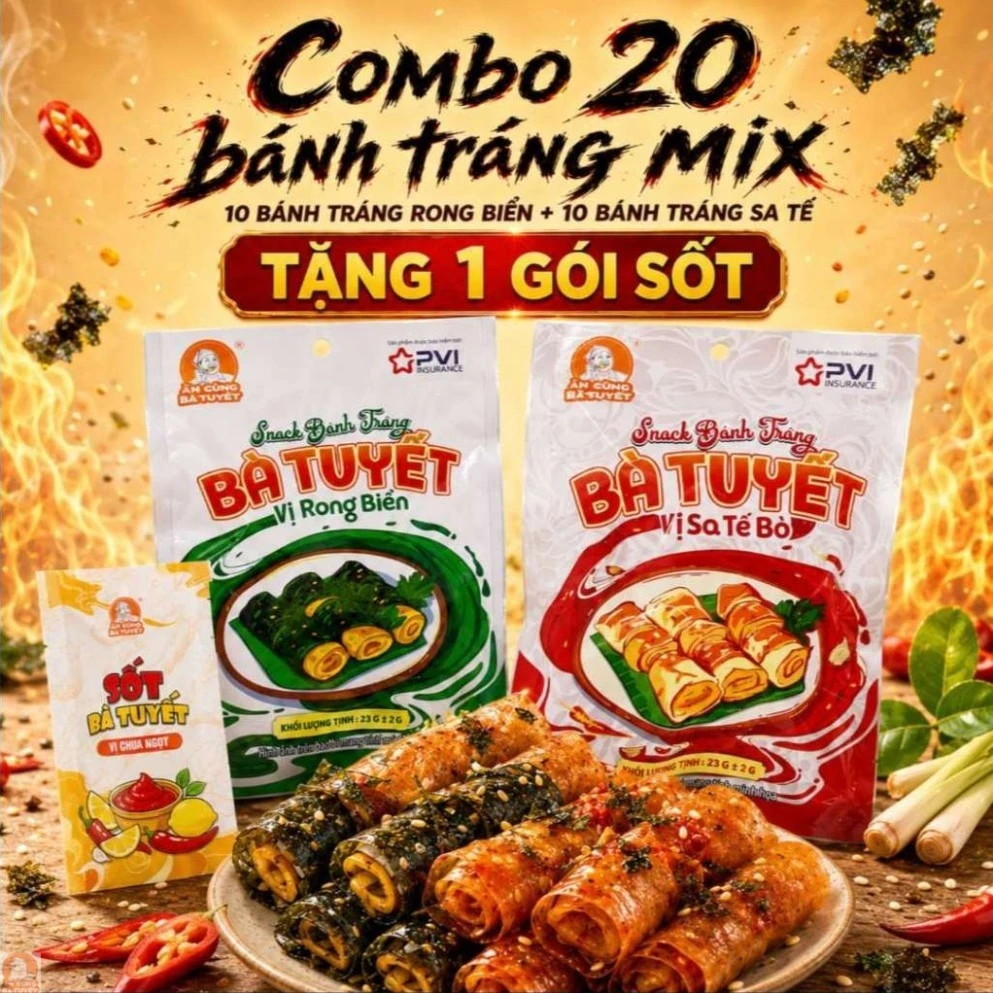 (Tặng 1 gói sốt) Combo 20 gói bánh tráng mix rong biển và sa tế - Ăn Cùng Bà Tuyết