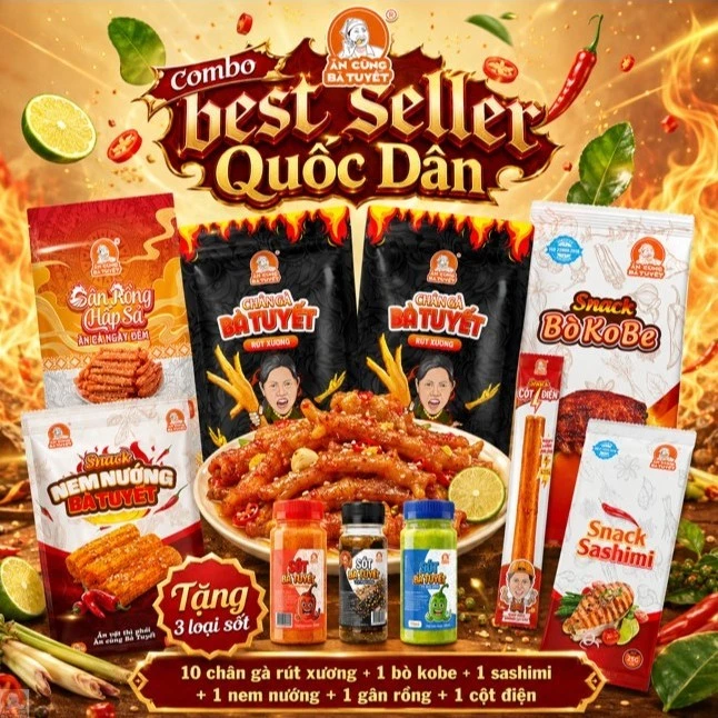 (Tặng 2 gói bim bim) Combo BEST SELLER QUỐC DÂN: 10 chân gà + 3 loại nước chấm + 5 loại snack ướt - ĂN CÙNG BÀ TUYẾT