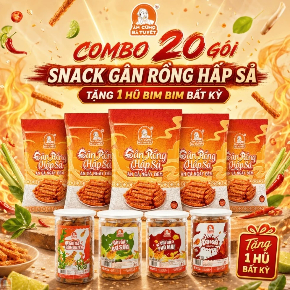 [ tặng 1 hũ bim bim bất kì  ] Combo 20 gói  Snack GÂN RỒNG HẤP SẢ - ĂN CÙNG BÀ TUYẾT M13