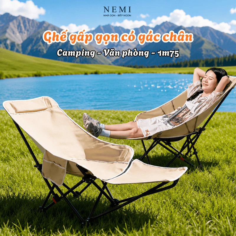 [Loại Xịn] Ghế Camping Nemi Gấp Gọn, Chịu Tải 150kg, Ghế Xếp Du Lịch Có Gác Chân Size Lớn 175CM, 4 Nấc Ngả Lưng Thư Giãn