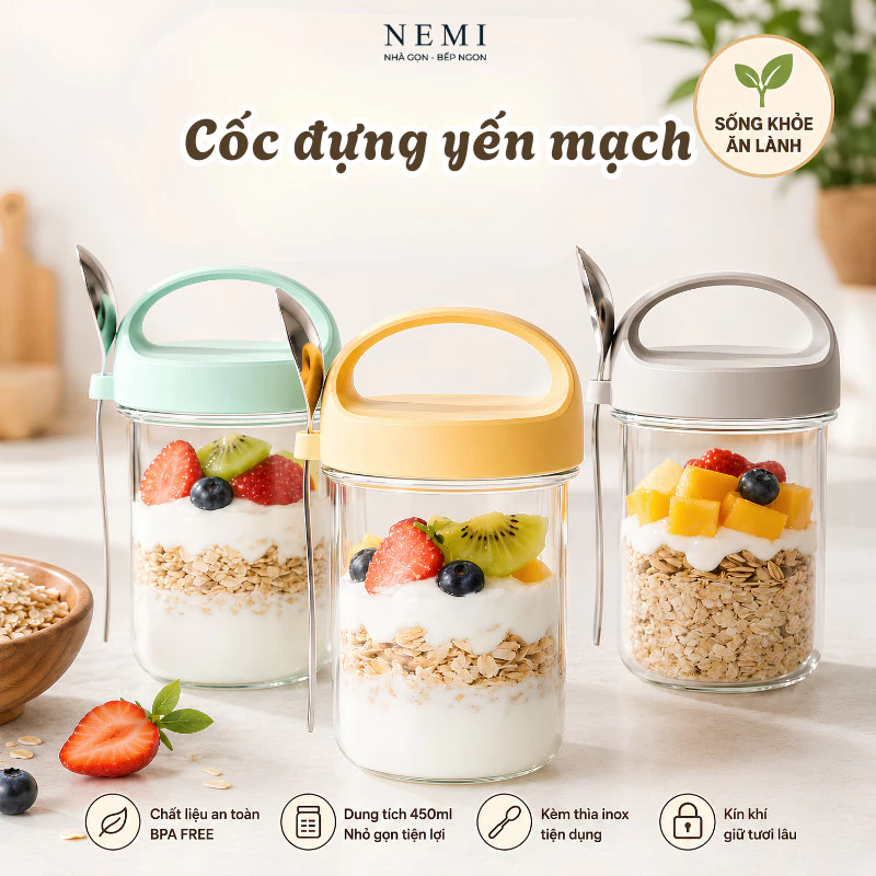 Cốc Đựng Yến Mạch Kèm Thìa 430ml NEMI, Hũ Thủy Tinh Đựng Ngũ Cốc Ăn Sáng, Sữa Chua, Overnight Oats Có Nắp Kín