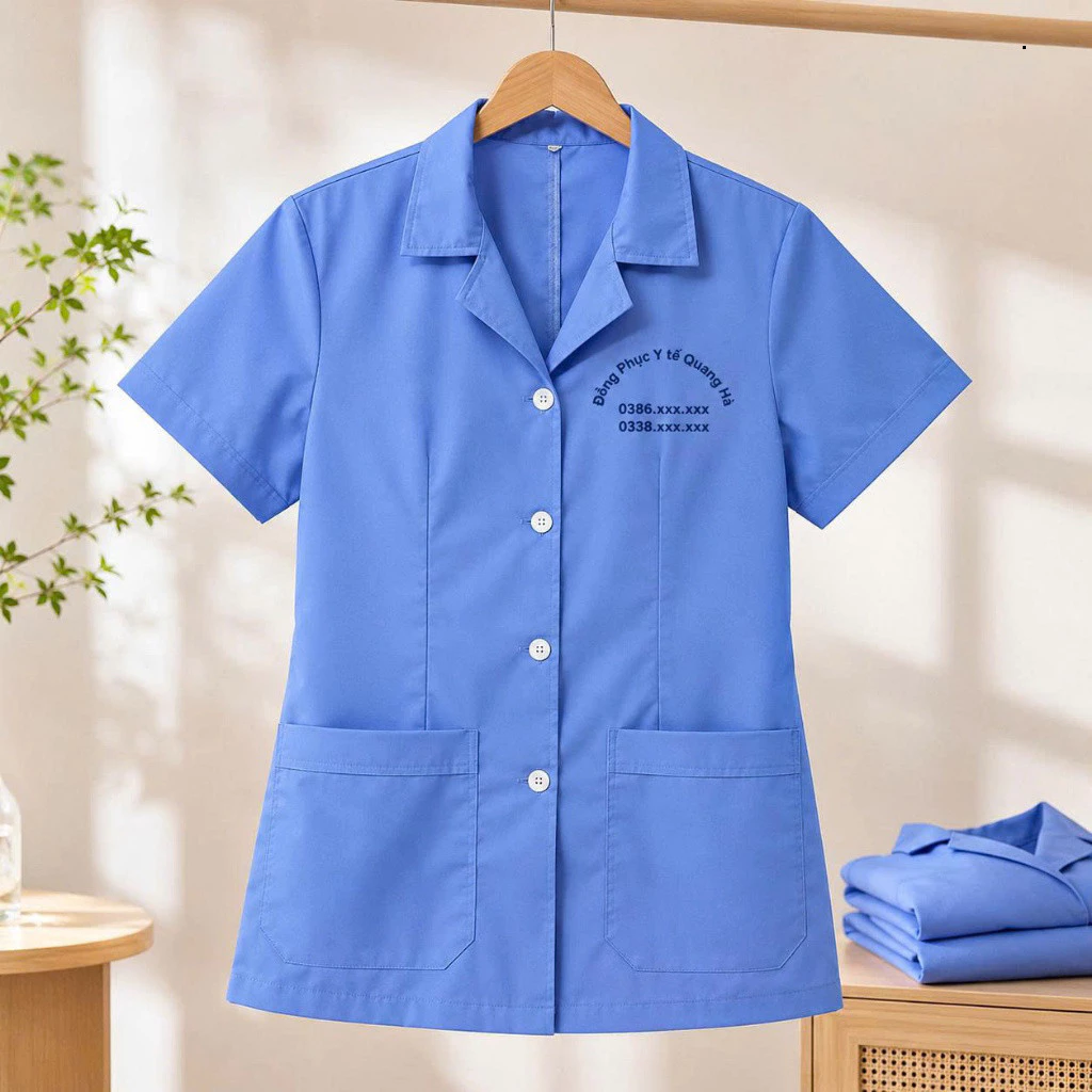 Bộ đồ công nghệ, tạp vụ, hộ lí cài khuy xanh biển nhạt có cổ ..