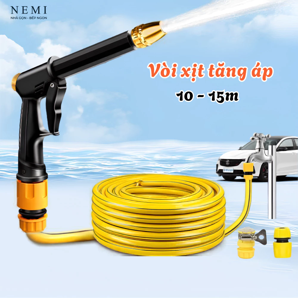 Bộ Vòi Xịt Tăng Áp NEMI Dây 10m-15m, Vòi Rửa Xe Áp Lực Cao, Tưới Cây, Rửa Sân Vườn Đa Chế Độ
