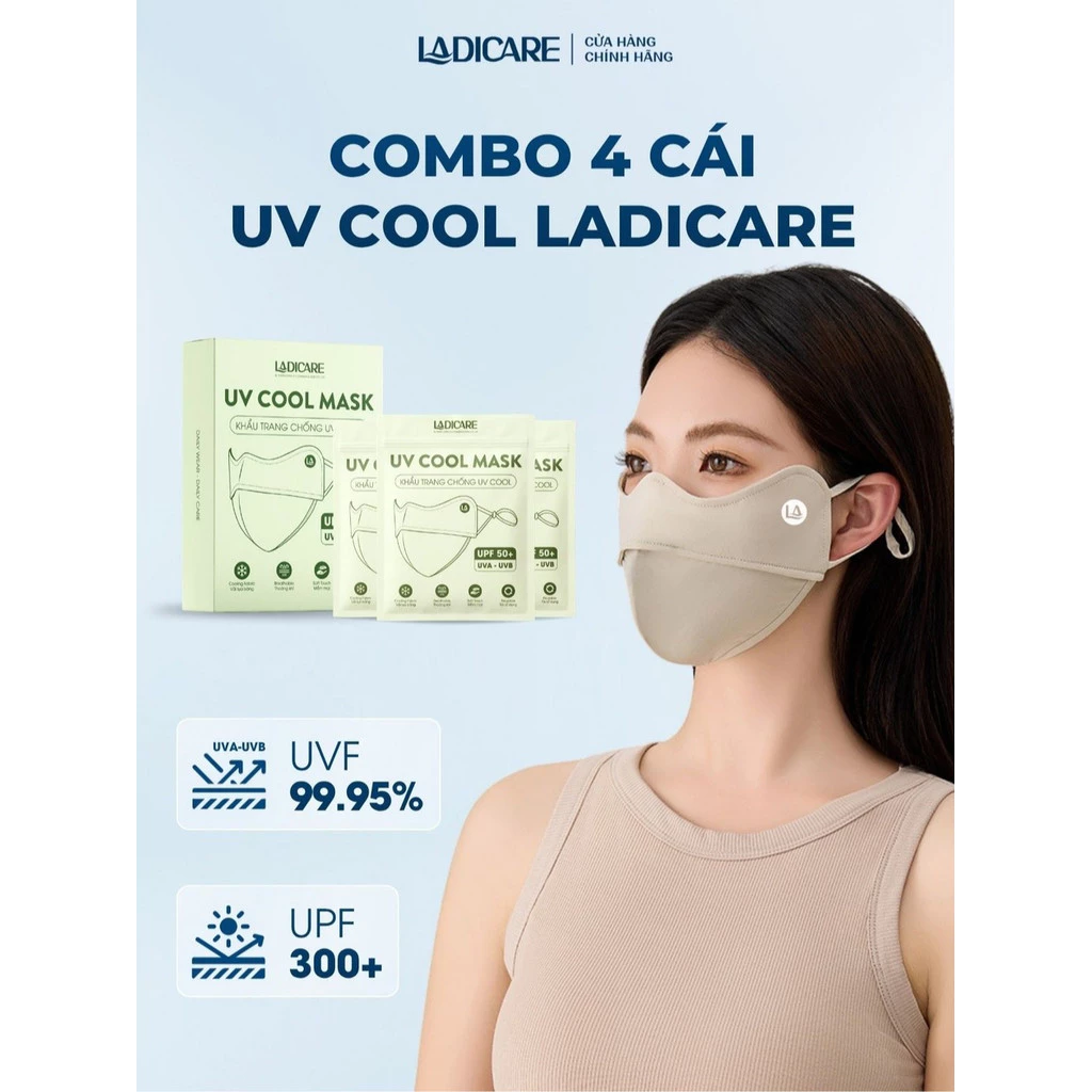 COMBO 4 Khẩu trang chống tia UV LADICARE, chất liệu lụa băng siêu mát, mềm mịn thoáng khí