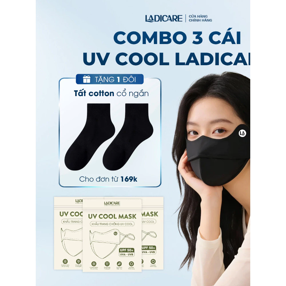 [TẶNG QUÀ KHI MUA COMBO 3] Khẩu trang chống nắng, chống UV LADICARE combo 3 cái chính hãng, lụa băng cao cấp, UPF50+