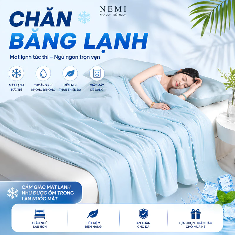 Chăn Điều Hòa Băng Lạnh NEMI - Chăn Băng Lạnh Cấp Độ 5 Chạm Mát Tức Thì, Vải Mềm Mượt Cao Cấp, Thoáng Khí