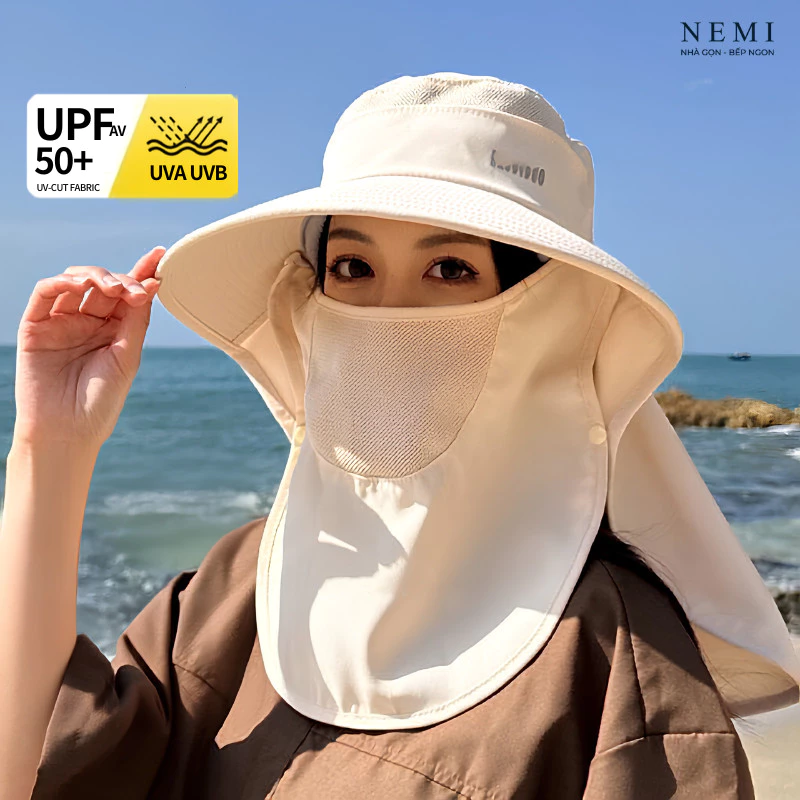 Mũ Chống Nắng Full Đầu NEMI Kèm Khăn Che Mặt Chống Tia UV Toàn Diện 360 Độ, Mũ Rộng Vành Che Kín Cổ Gáy Đi Biển