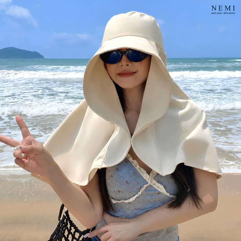 Mũ Chống Nắng Nữ NEMI Vành Rộng, Nón Chống UV Kèm Khăn Choàng Che Mặt Cổ, Mũ Đi Biển Che Gáy Dã Ngoại