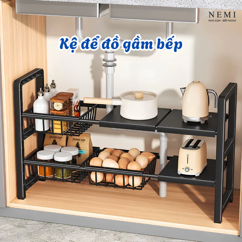 Kệ để đồ gầm bếp NEMI, kệ để gầm bồn rửa bát, để xoong nồi, kệ để đồ nhà tắm thép cacbon chống gỉ