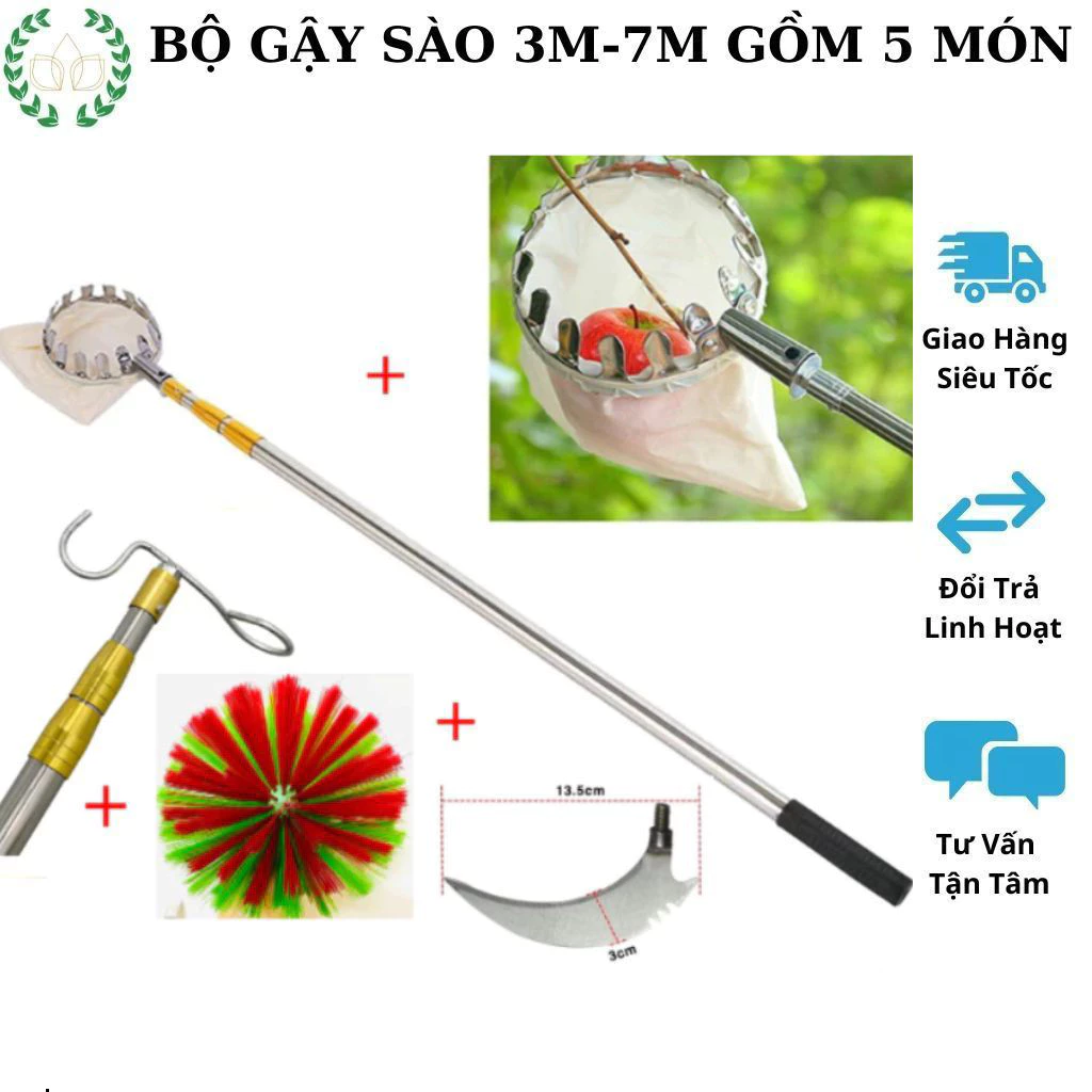 Gậy Sào Inox 3M-9M Hái Xoài,Hái Quả,Quét Trần Nhà,Phơi Quần Áo,Móc Chim,Liềm Cắt (Gậy+Đầu Vợt +Móc Chim+ Liềm+Chổi) gyhv