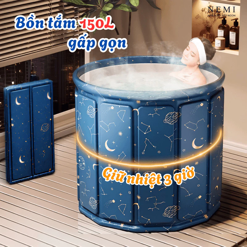Bồn tắm gấp gọn cho người lớn 150L cao cấp, dày 7 lớp giữ nhiệt 3 giờ, Dễ dàng tháo lắp, Bể bơi gấp gọn cho bé