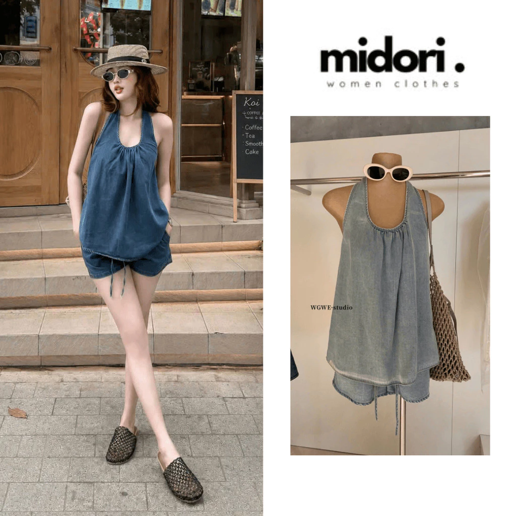 Set bò yếm QCCC kèm quần đùi form suông rộng Set hotgirl denim hot sang chảnh Midori Fashion MX89