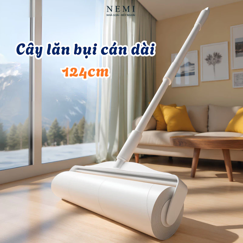 Cây Lăn Bụi NEMI Lõi Lăn 24cm Cán Dài 124cm Keo Siêu Dính - Lăn Bụi Ga Giường, Quần Áo, Đệm Sofa