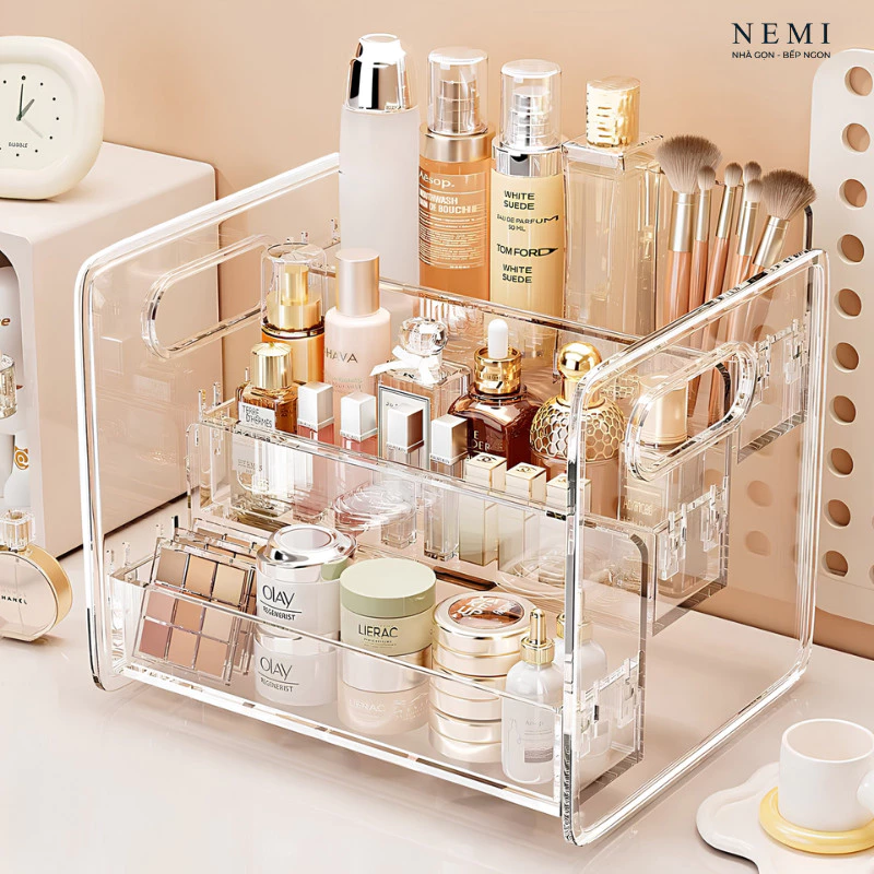 Kệ Đựng Mỹ Phẩm Trong Suốt 3 Tầng Để Bàn NEMI,Kệ Trang Điểm Để Bàn, Giá Nhựa Để Đồ Nhà Tắm