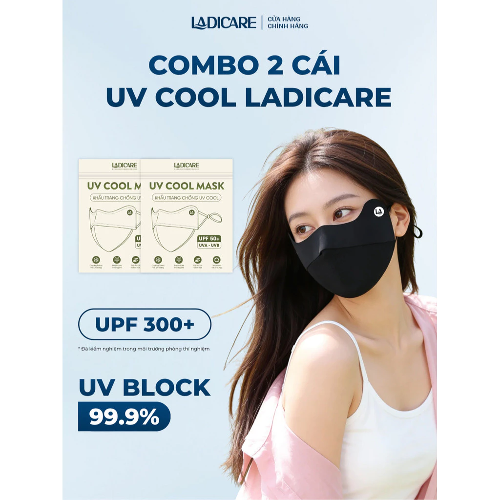 Khẩu trang UV LADICARE UPF50+ ngăn chặn tia UV lên đến 99%, chất liệu lụa mát lạnh, thoáng khí, chính hãng
