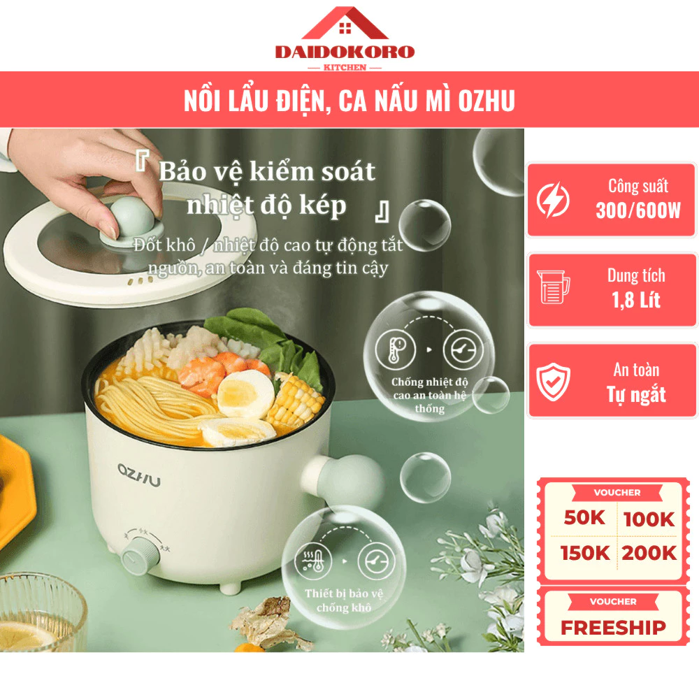 Nồi Lẩu Điện Mini Đa Năng, Ca Nấu Mì OZHU 2 Nấc Nhiệt Dung Tích 1.8L Công Suất 600W Tặng Kèm Giá Hấp