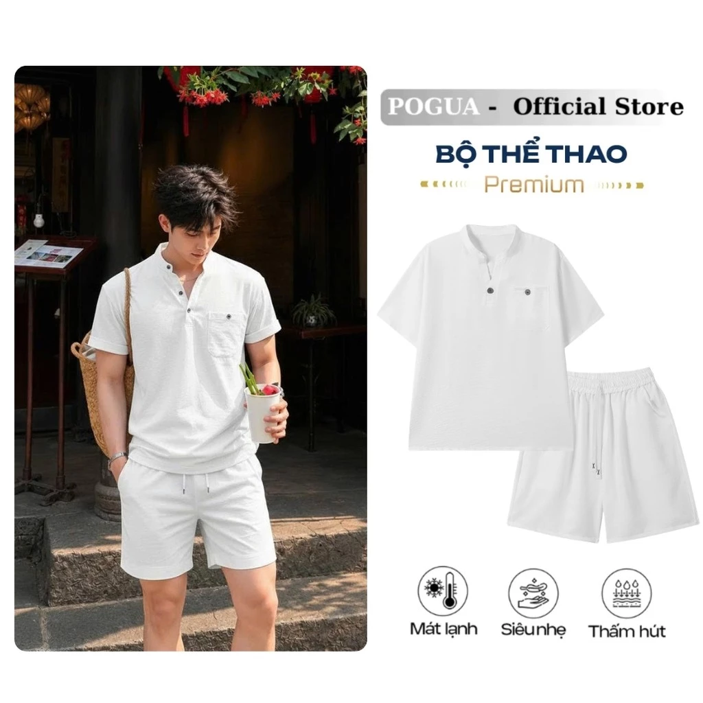 Set Đồ Bộ Nam Tay Ngắn Cổ Tàu Chất Đũi Vân Mây POGUA Form Vừa Phong Cách Hàn Quốc Đi Biển Đi Chơi BD56