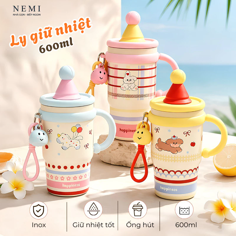 Bình Giữ Nhiệt NEMI 600ml Có Ống Hút, Ly Giữ Nhiệt Lõi Inox 316, Cốc Giữ Nhiệt Họa Tiết Đáng Yêu