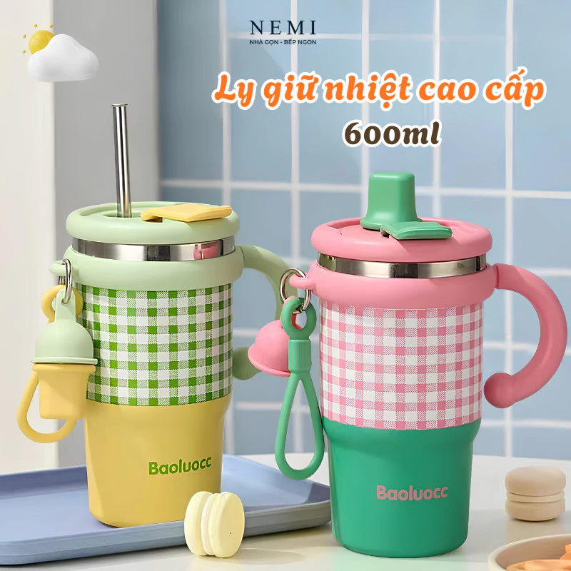 Ly Giữ Nhiệt Kẻ Sọc NEMI Có Ống Hút, Bình Giữ Nhiệt Lõi Inox 316 Chịu Nhiệt Cao Dùng Đi Học, Đi Làm