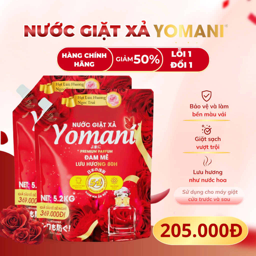 [10KG4 2 TÚI] Nước Giặt Xả YOMANI Hương Nước Hoa, Lưu Hương 80H, Giặt Sạch Sâu, Tiết Kiệm, An Toàn