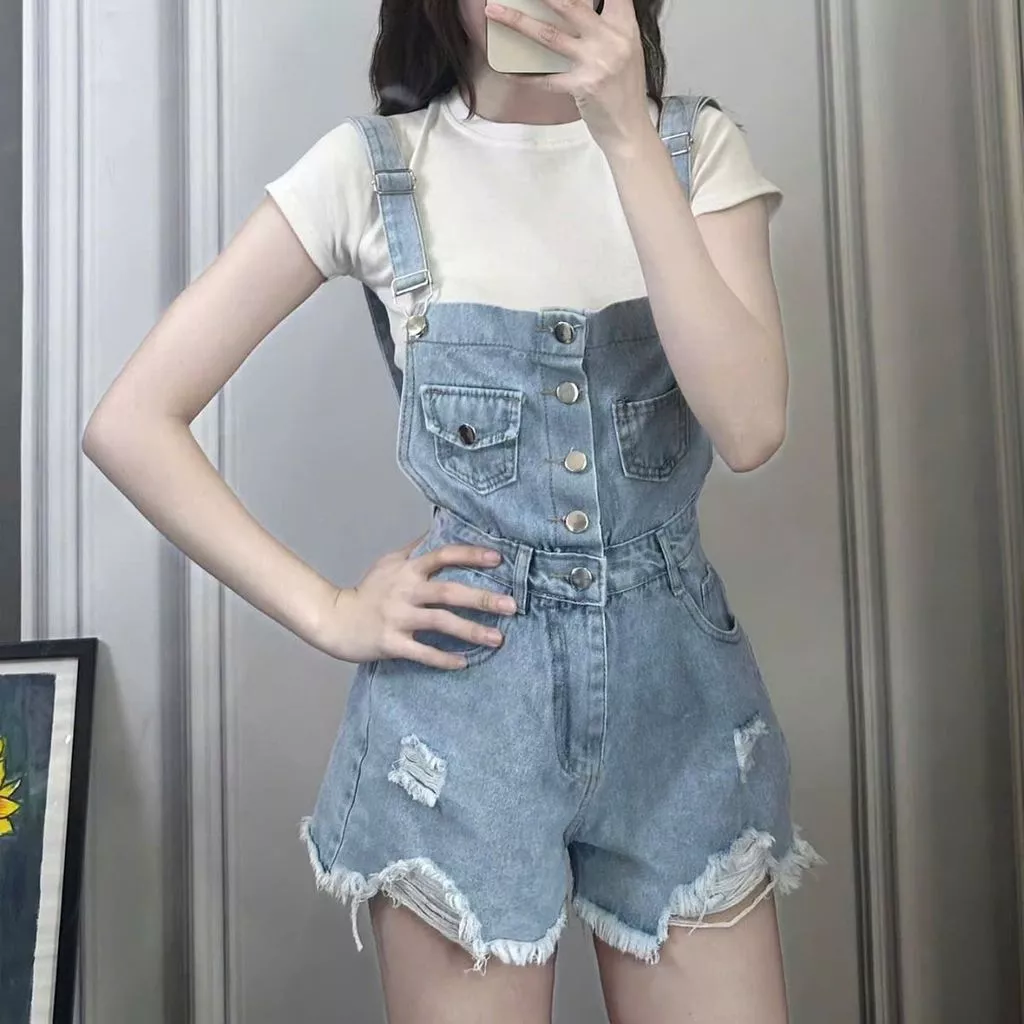 Yếm jean nữ rách đùi dày dặn Midori Shop Quần yếm jean quần short denim dáng rộng cá tính S104