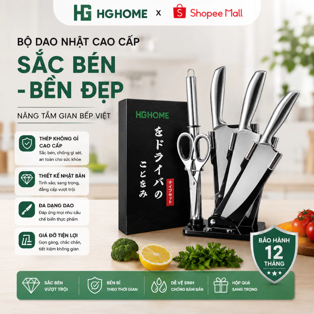 Bộ dao kéo Nhật 5 món kèm đế để dao sang trọng chất liệu inox nguyên khối HGHOME