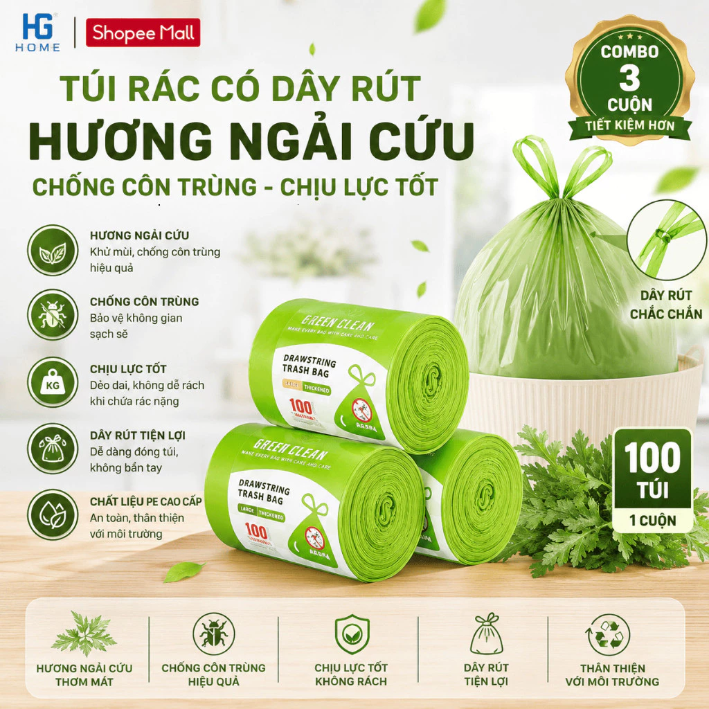 Túi Rác Có Dây Rút, Hương Ngải Cứu Chống Côn Trùng Chịu Lực Tốt, Tự Huỷ Sinh Học HGHOME