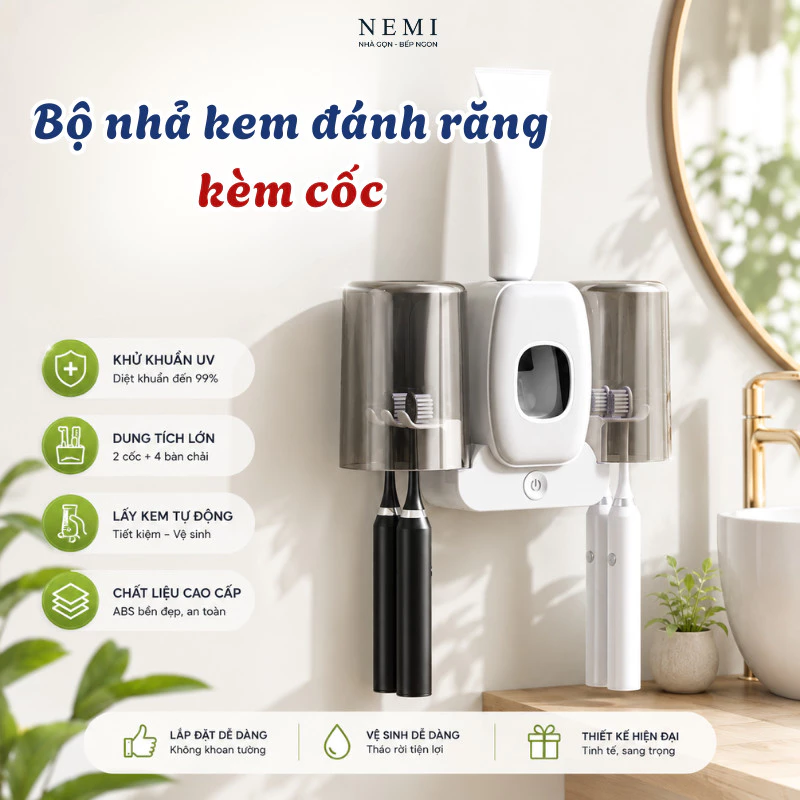 Bộ Nhả Kem Đánh Răng Tự Động NEMI Kèm Cốc, Khay Để Bàn Chải Đánh Răng Dán Tường, Không Cần Khoan Đục