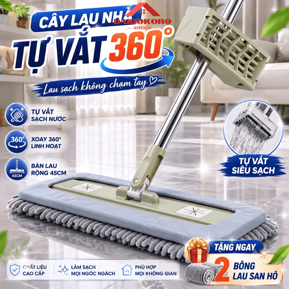 Cây Lau Nhà San Hô Xoay 360 Độ, Bông Lau San Hô Thấm Hút Nhanh, Chổi Lau Sàn Tự Vắt Thông Minh