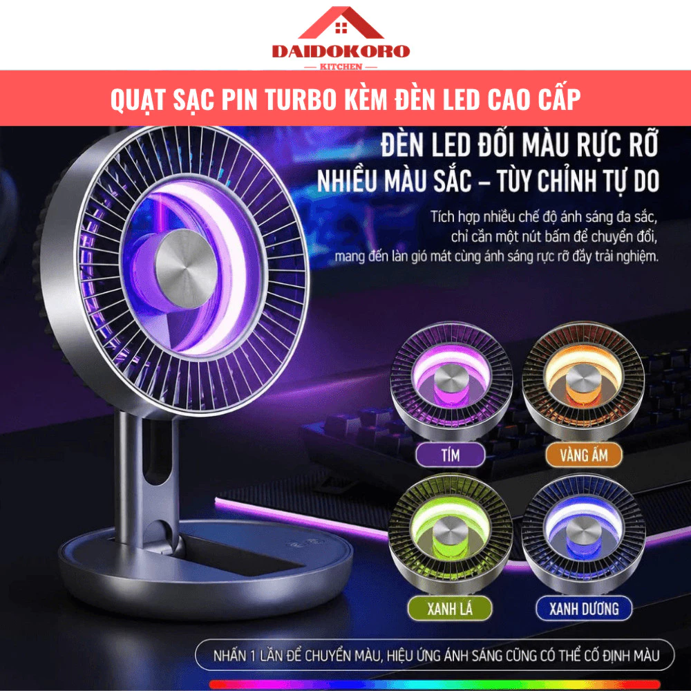 Quạt Để Bàn Air Turbo Thế Hệ Mới 2026, Tích Hợp Đèn LED RGB, Thiết Kế Hiện Đại, Đa Năng